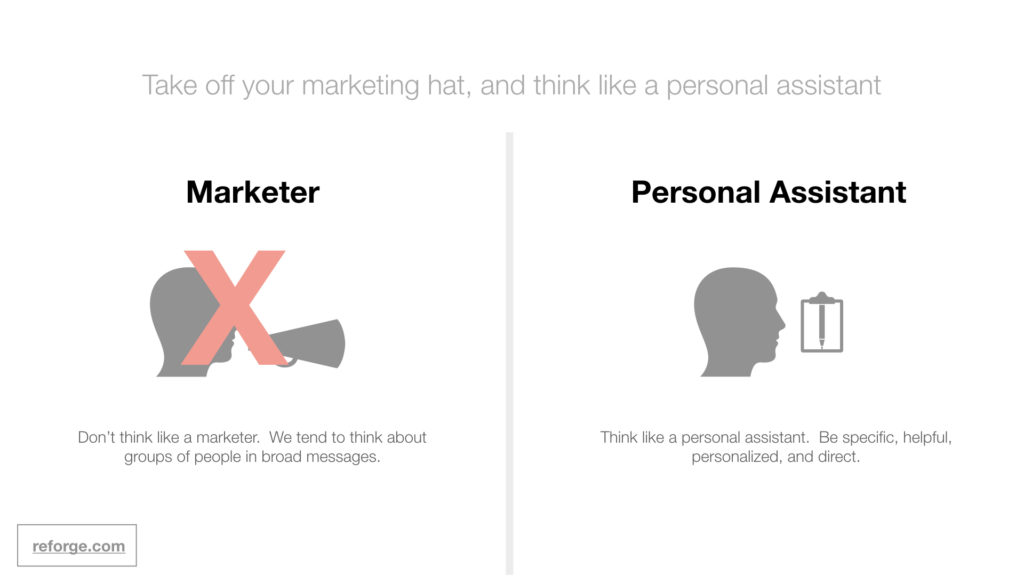 At Reforge, we call it “think like a personal assistant, not a marketer.”